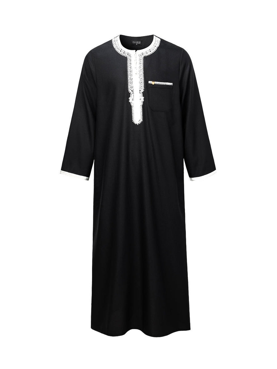 Black Moroccan thobe and pants set, front view