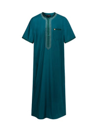 Emerald Green embroidered Moroccan short sleeve thobe, front view
