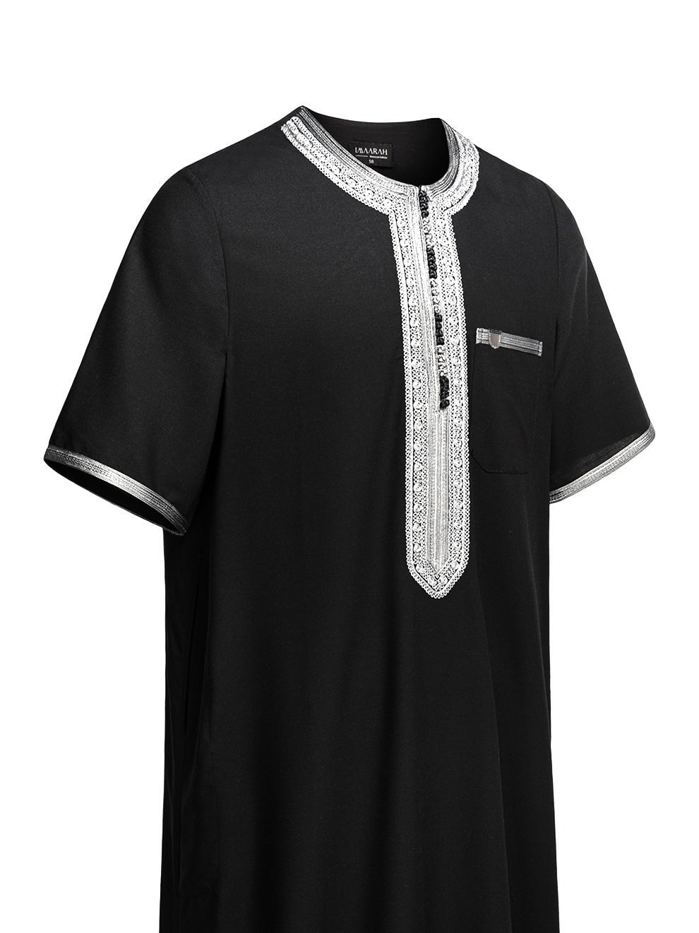 Black with Grey embroidered Moroccan short sleeve thobe, side view