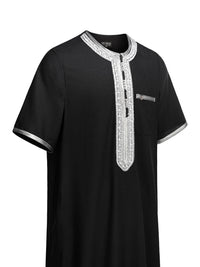 Black with Grey embroidered Moroccan short sleeve thobe, side view