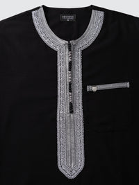 Black with Grey embroidered Moroccan short sleeve thobe, top shot