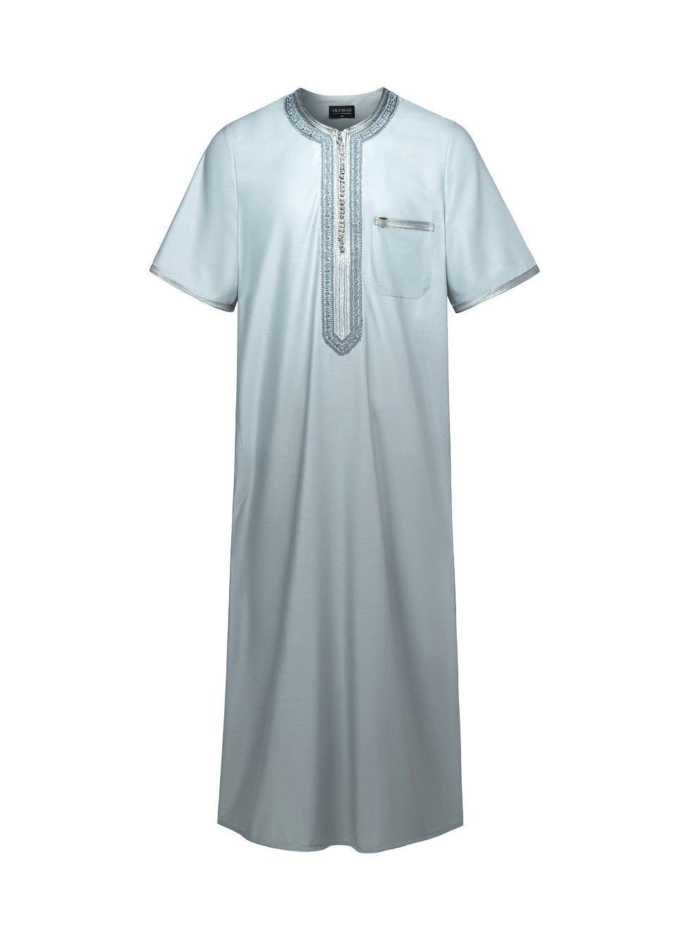 Cool Grey embroidered Moroccan short sleeve thobe, front view