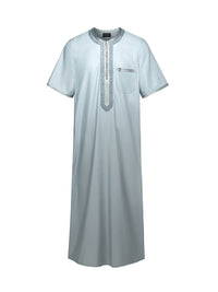 Cool Grey embroidered Moroccan short sleeve thobe, front view