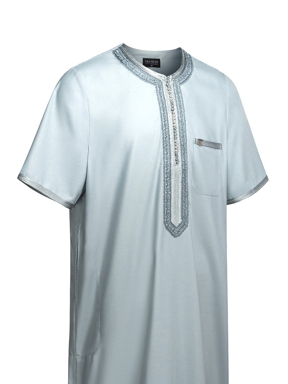Cool Grey embroidered Moroccan short sleeve thobe, side view
