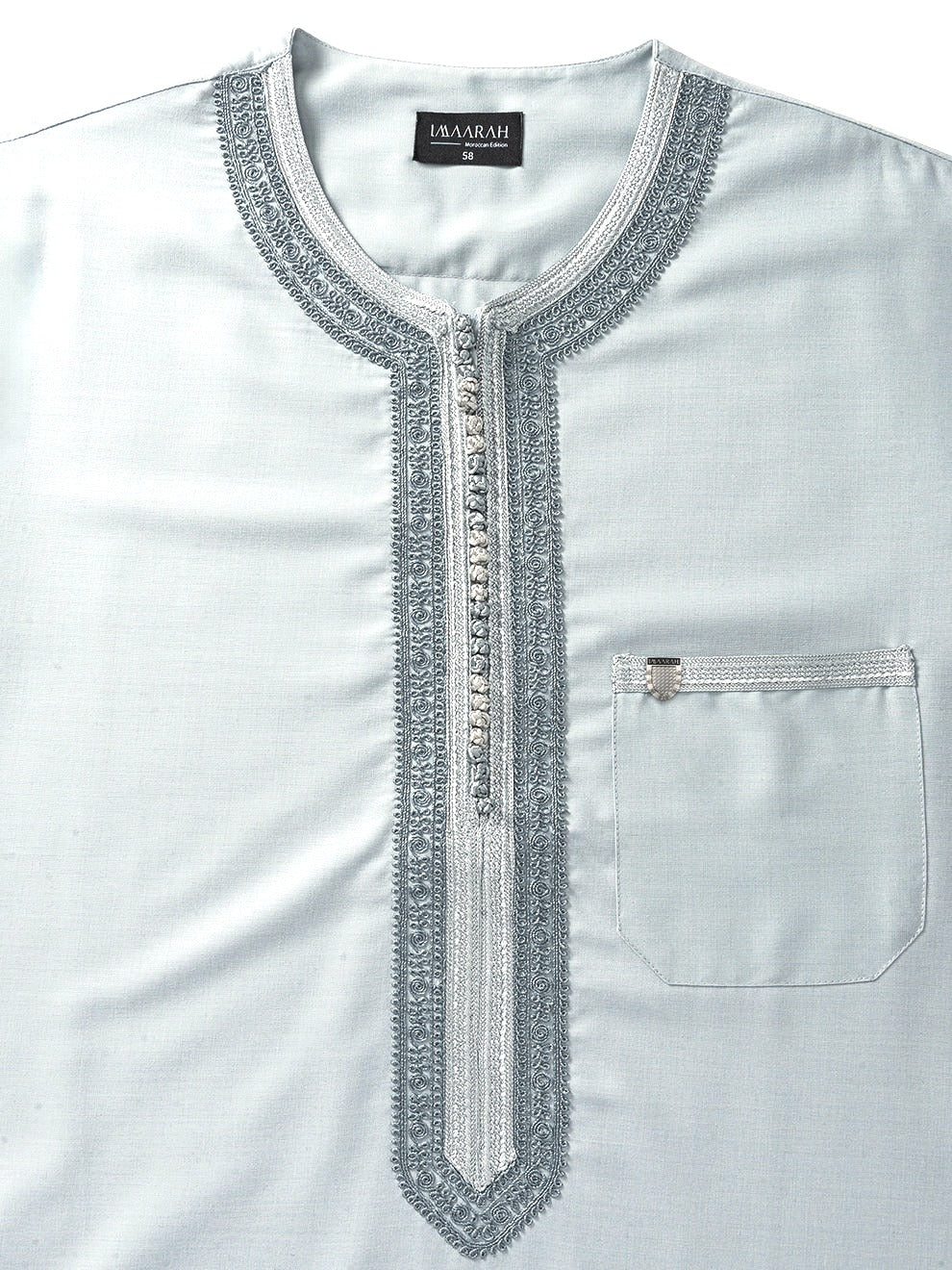 Cool Grey embroidered Moroccan short sleeve thobe, top shot