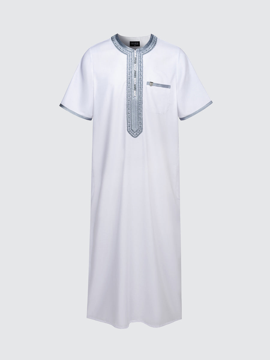 Imaarah Moroccan Short Sleeve Thobe White with Grey