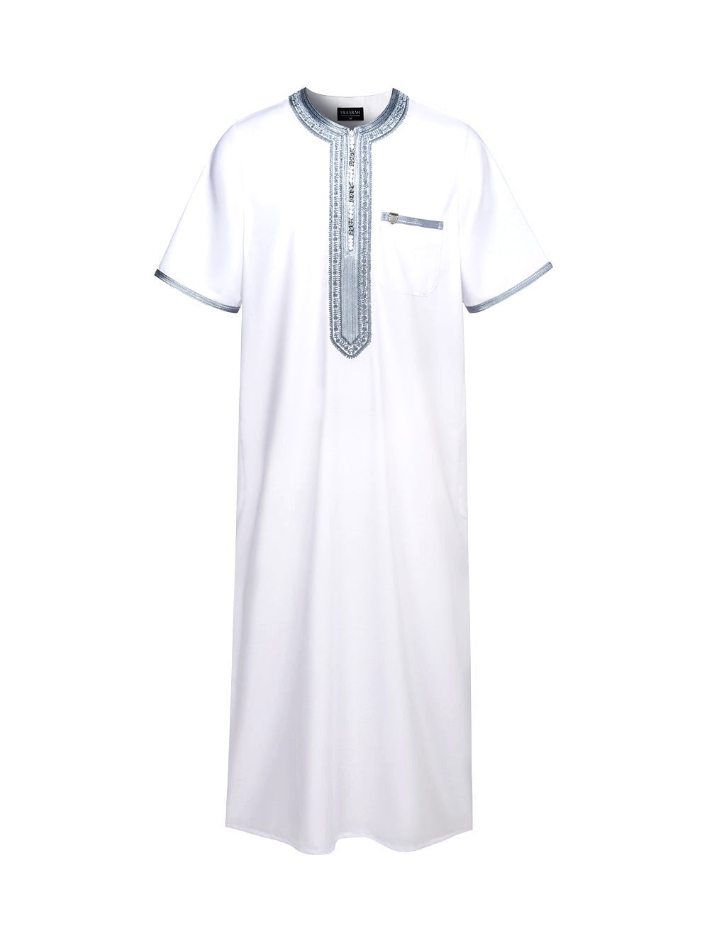 White with Grey embroidered Moroccan short sleeve thobe, front view