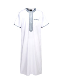 White with Grey embroidered Moroccan short sleeve thobe, front view