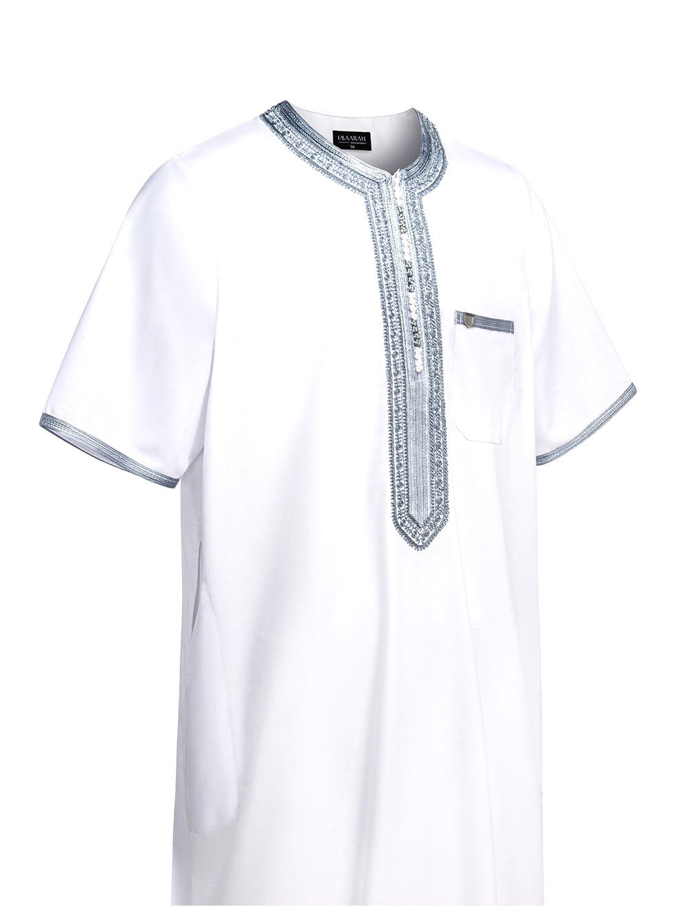White with Grey embroidered Moroccan short sleeve thobe, side view