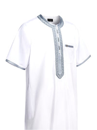 White with Grey embroidered Moroccan short sleeve thobe, side view