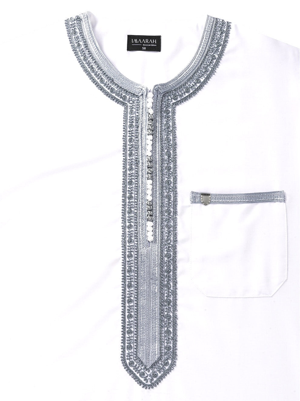 White with Grey embroidered Moroccan short sleeve thobe, top shot