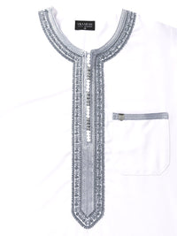 White with Grey embroidered Moroccan short sleeve thobe, top shot