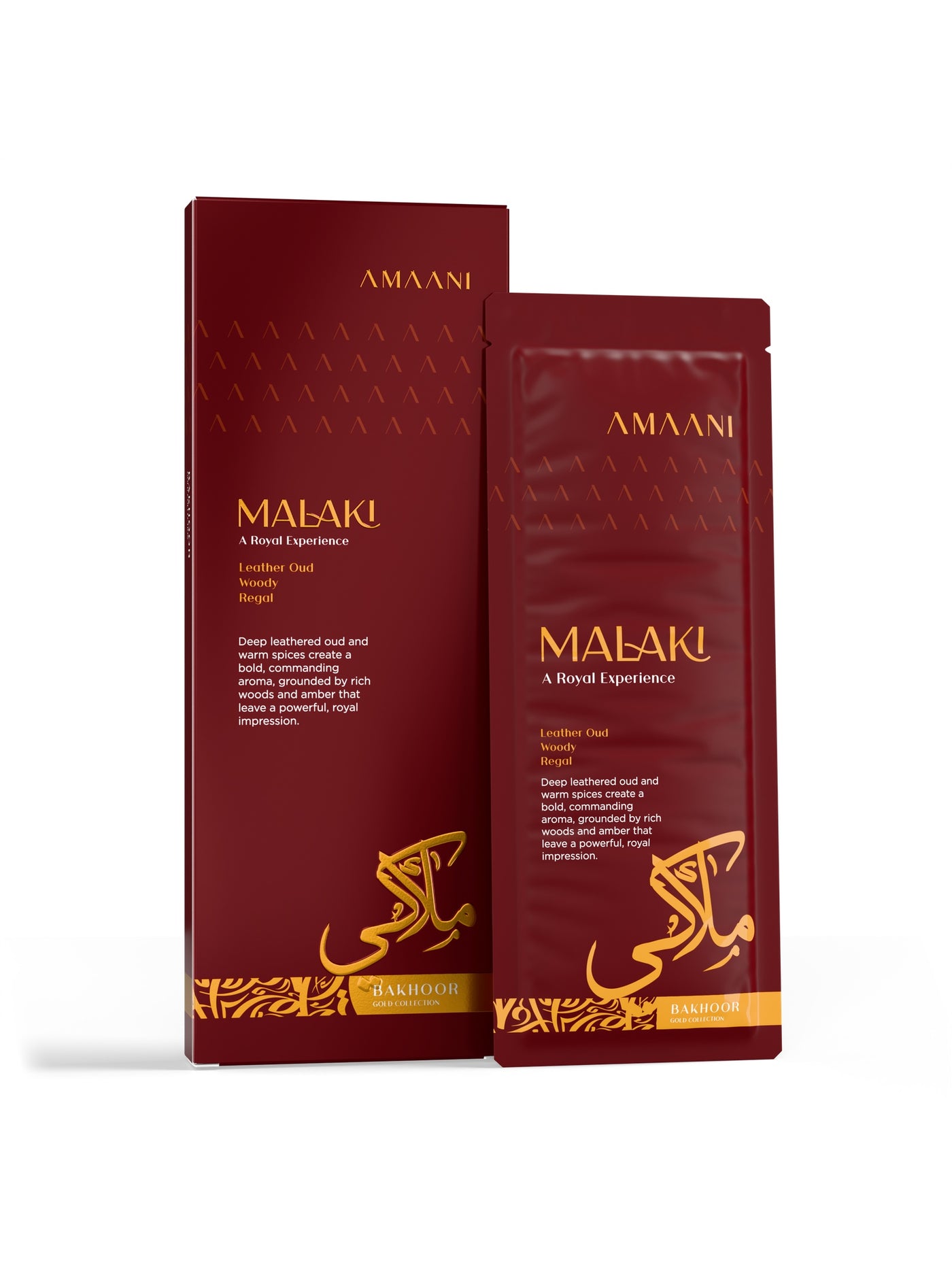 Amaani Malaki Bakhoor Gold Collection 30g box with bakhoor sachet
