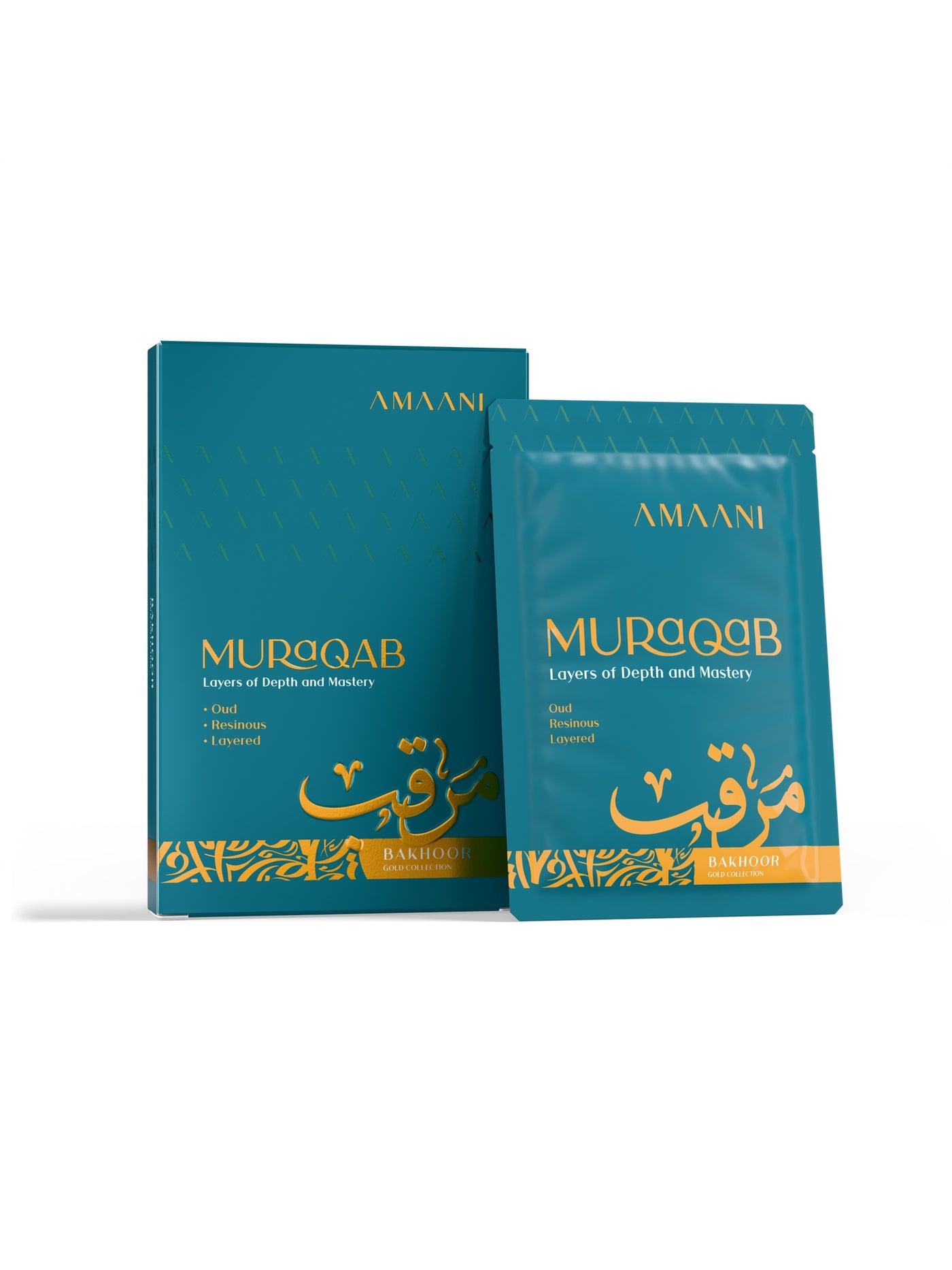 Amaani Muraqab Bakhoor Gold Collection 15g box with bakhoor sachet