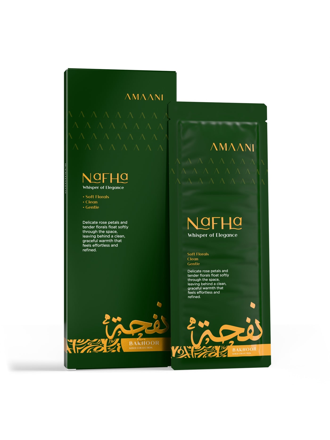 Amaani Nafha Bakhoor Gold Collection 30g box with bakhoor sachet