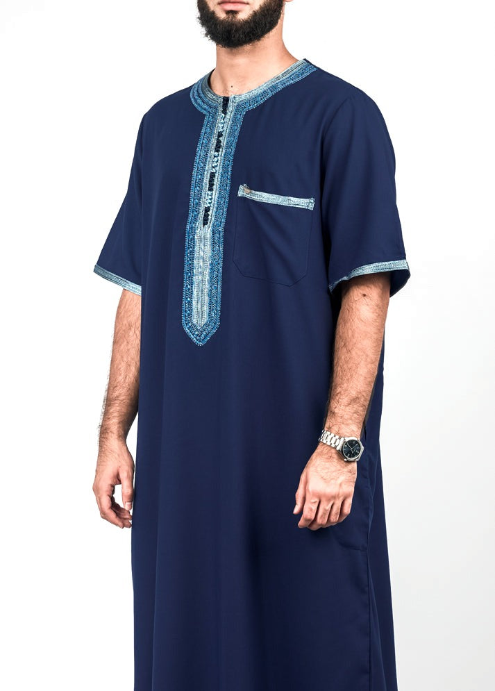 Navy with Sky Blue Moroccan thobe, front view