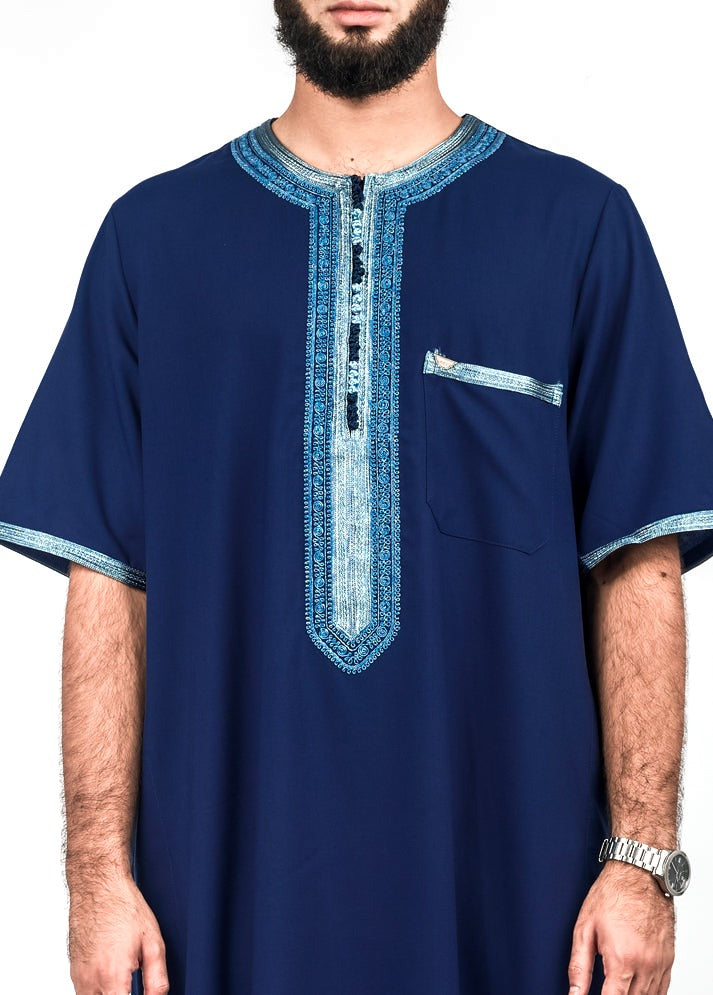 Navy with Sky Blue Moroccan thobe, view 3