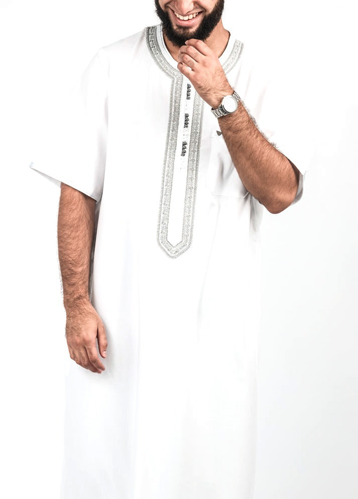 White with Grey Moroccan thobe, front view