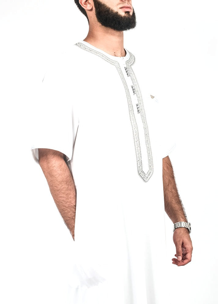 White with Grey Moroccan thobe, view 3