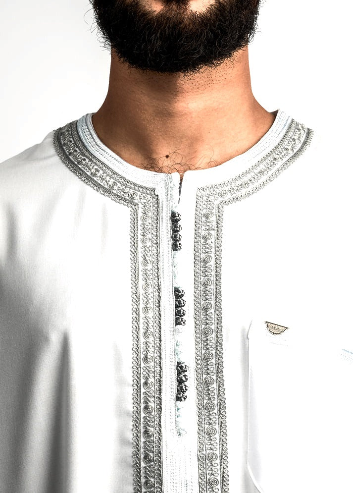 White with Grey Moroccan thobe, view 4